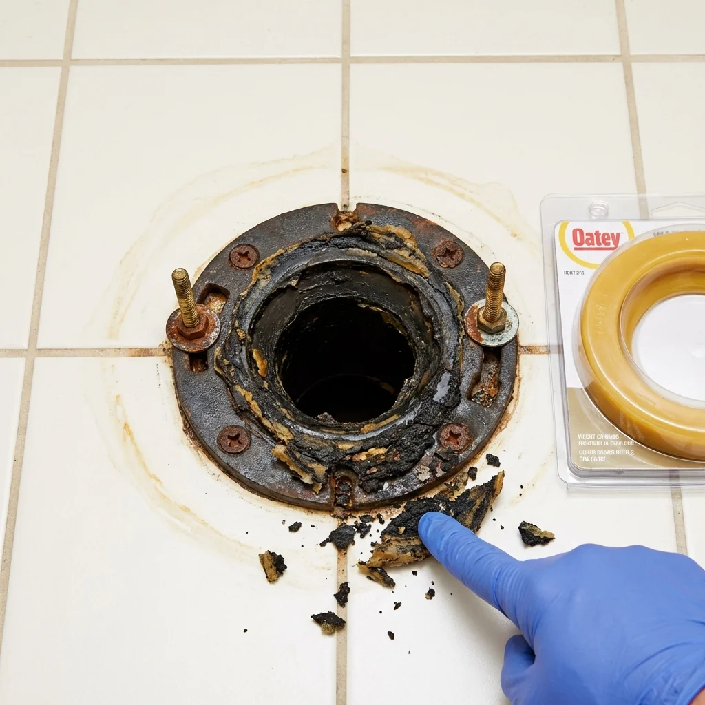 Failed wax ring showing water seepage at the base of a toilet in a Florence, AL home